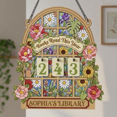 Books Read This Year Tracker, Floral Book Counter Sign, Personalized Library Decor, Stained Glass Style Reading Tracker Gift for Book Lovers
